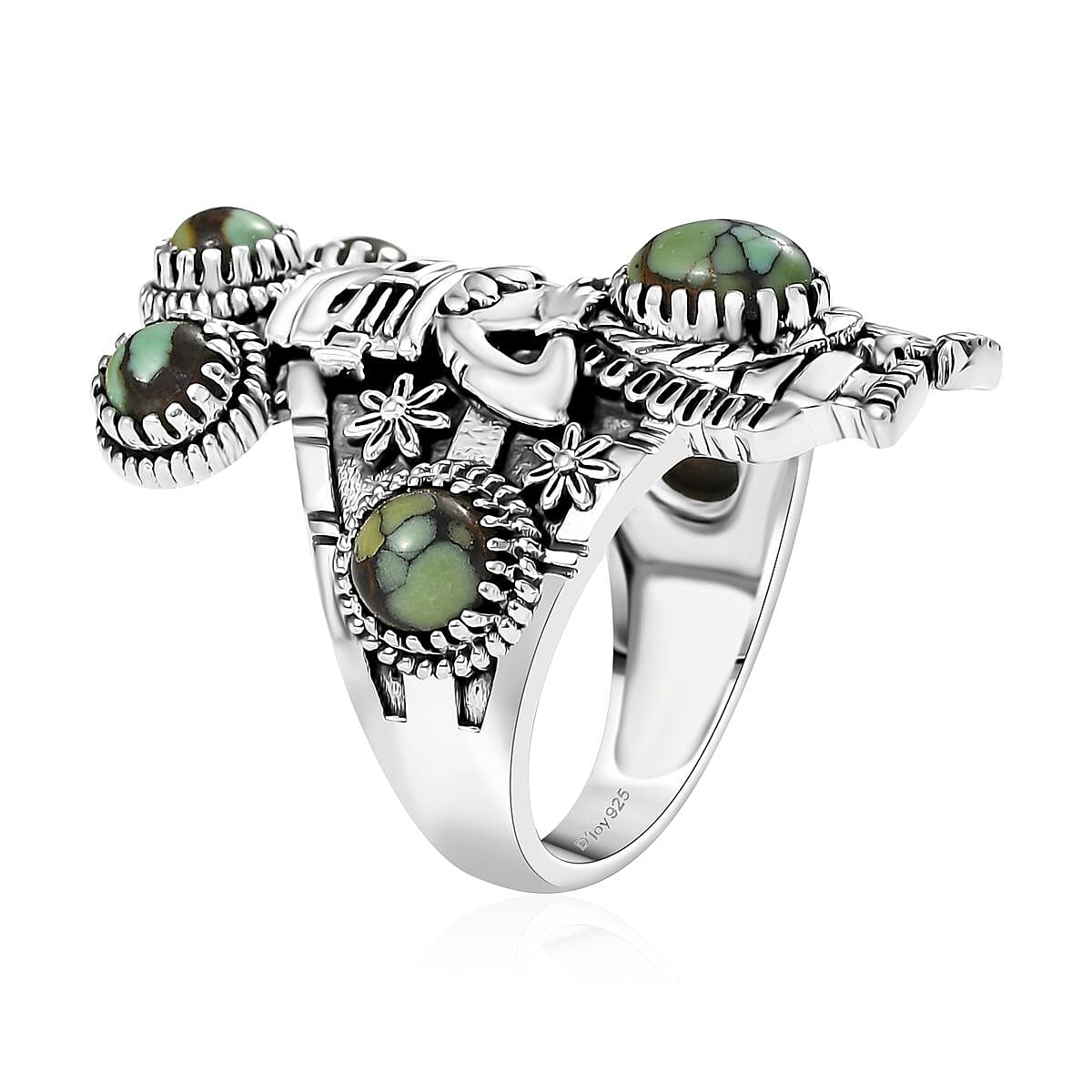 D'Joy Artisan Crafted Whispering Web Turquoise 2.65 ctw Kachina Dolls Ring in Sterling Silver (Size 7.0)