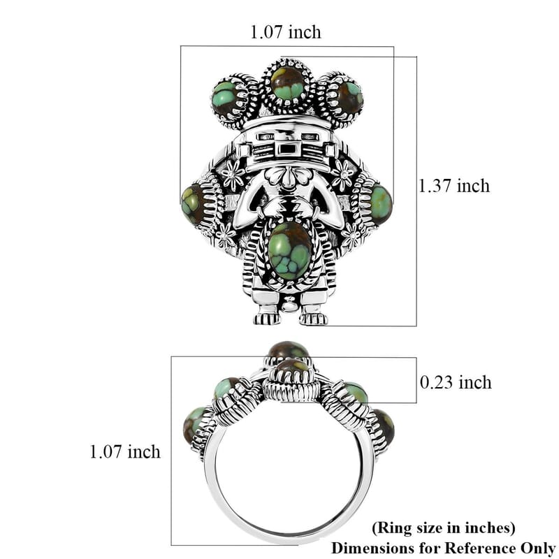 D'Joy Artisan Crafted Whispering Web Turquoise 2.65 ctw Kachina Dolls Ring in Sterling Silver (Size 7.0)