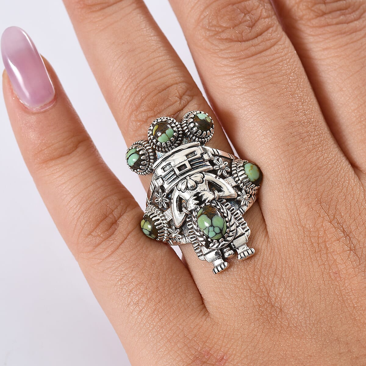 D'Joy Artisan Crafted Whispering Web Turquoise 2.65 ctw Kachina Dolls Ring in Sterling Silver (Size 8.0) image number 2