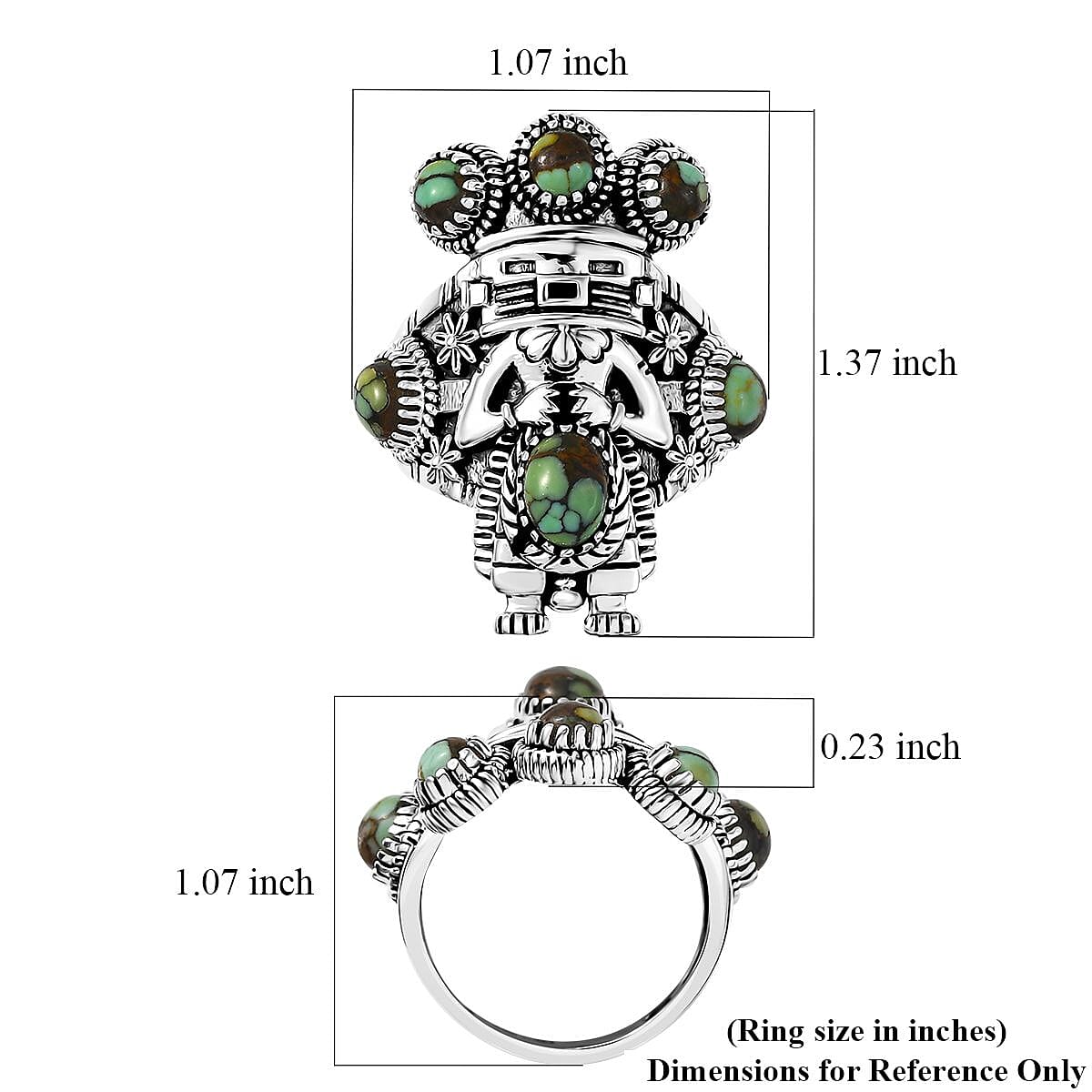 D'Joy Artisan Crafted Whispering Web Turquoise 2.65 ctw Kachina Dolls Ring in Sterling Silver (Size 9.0)