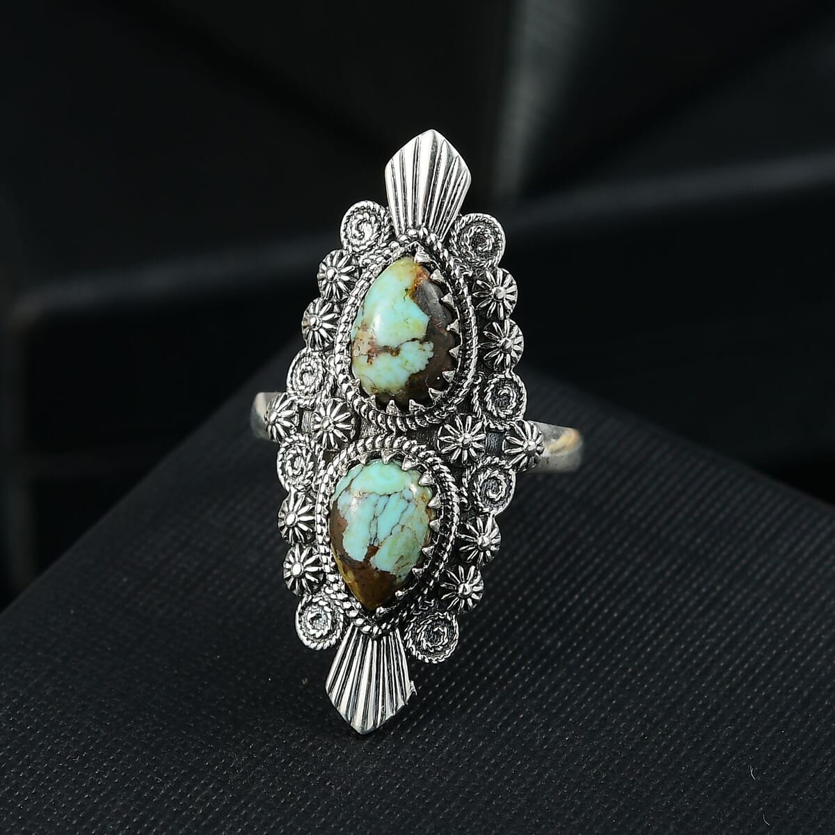 D'Joy Artisan Crafted Whispering Web Turquoise 3.10 ctw Sacred Ring in Sterling Silver (Size 10.0)  image number 1