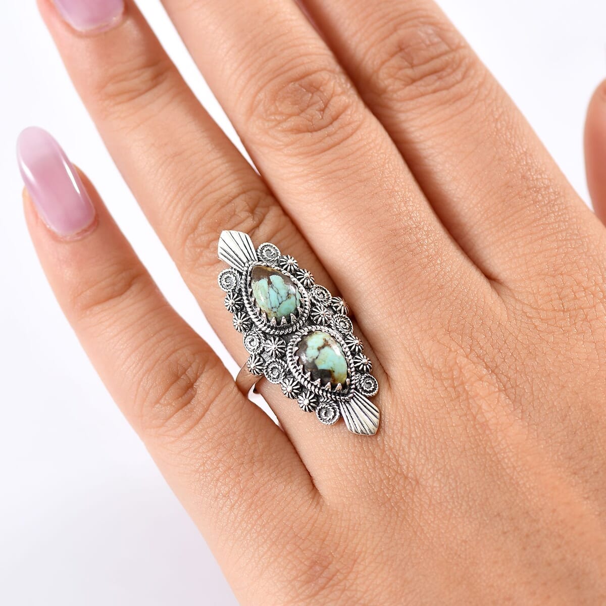 D'Joy Artisan Crafted Whispering Web Turquoise 3.10 ctw Sacred Ring in Sterling Silver (Size 10.0)  image number 2
