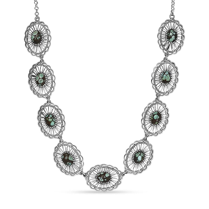 D'Joy Artisan Crafted Whispering Web Turquoise 10.75 ctw Concho Necklace 18 Inches in Sterling Silver