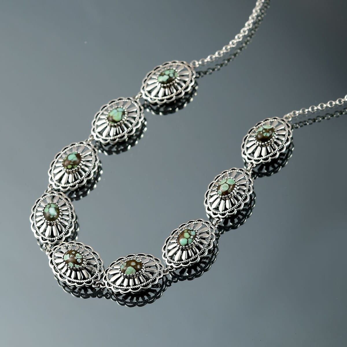 D’Joy Artisan Crafted Whispering Web Turquoise 10.75 ctw Concho Necklace 18 Inches in Sterling Silver  image number 1