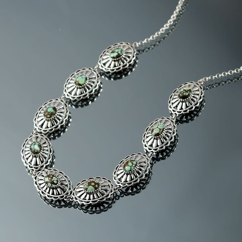 D'Joy Artisan Crafted Whispering Web Turquoise 10.75 ctw Concho Necklace 18 Inches in Sterling Silver