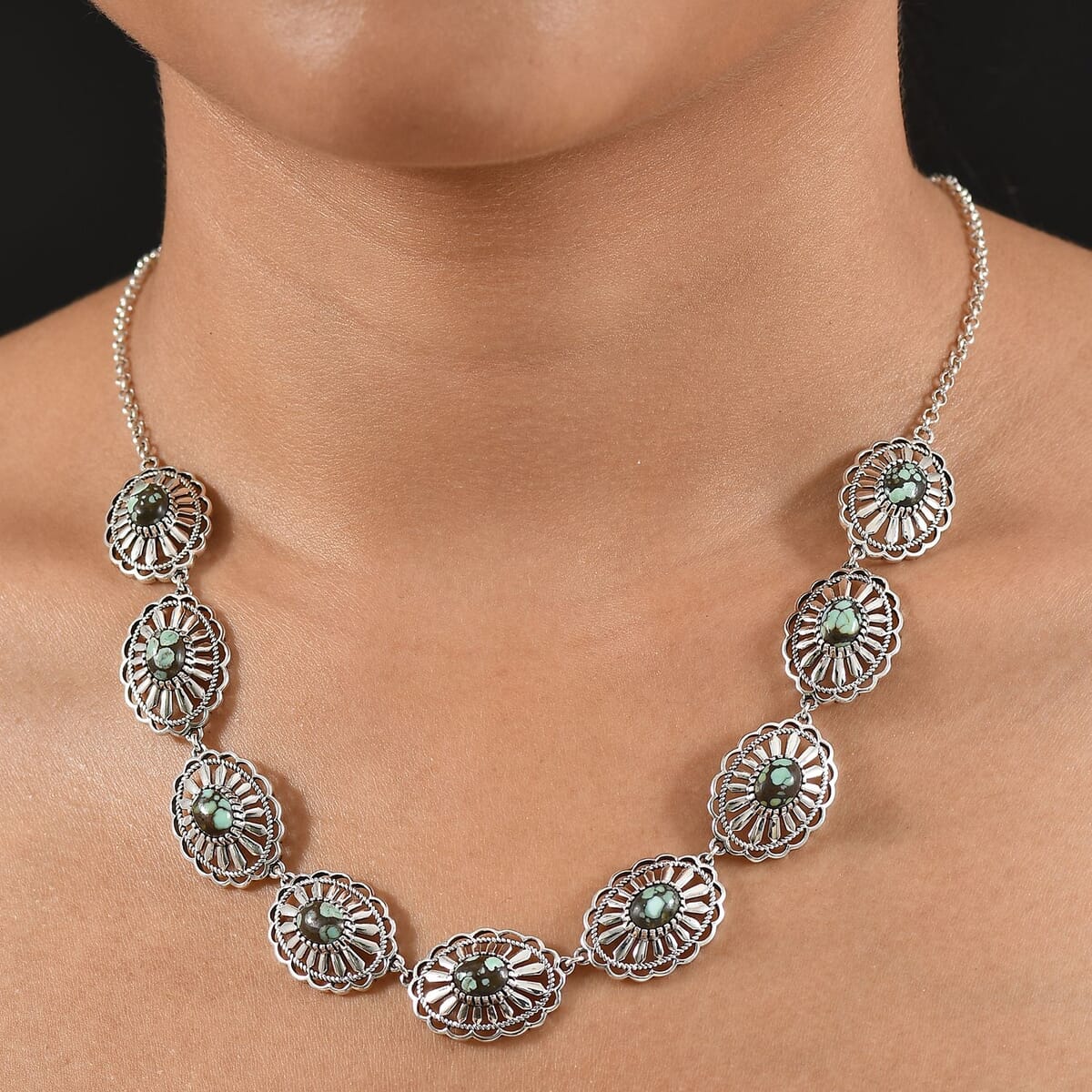 D’Joy Artisan Crafted Whispering Web Turquoise 10.75 ctw Concho Necklace 18 Inches in Sterling Silver  image number 2
