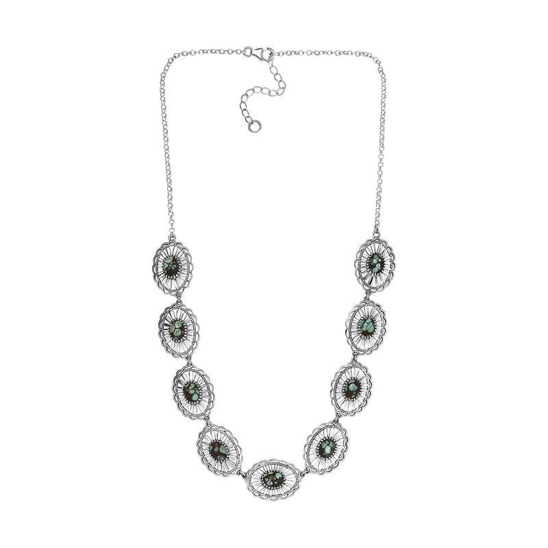 D'Joy Artisan Crafted Whispering Web Turquoise 10.75 ctw Concho Necklace 18 Inches in Sterling Silver