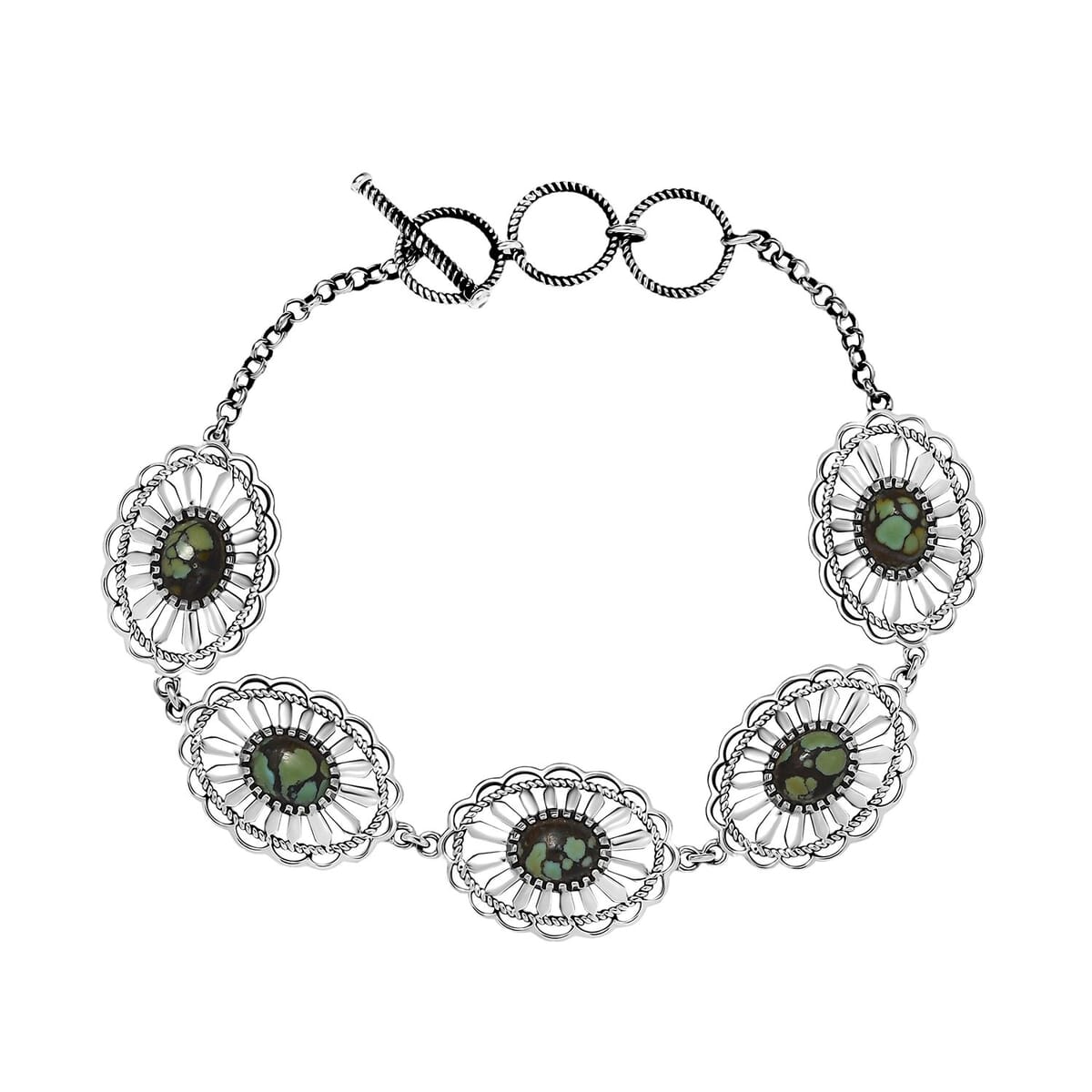 D’Joy Artisan Crafted Whispering Web Turquoise 6.10 ctw Concho Bracelet in Sterling Silver (6.50-8.0In) image number 0