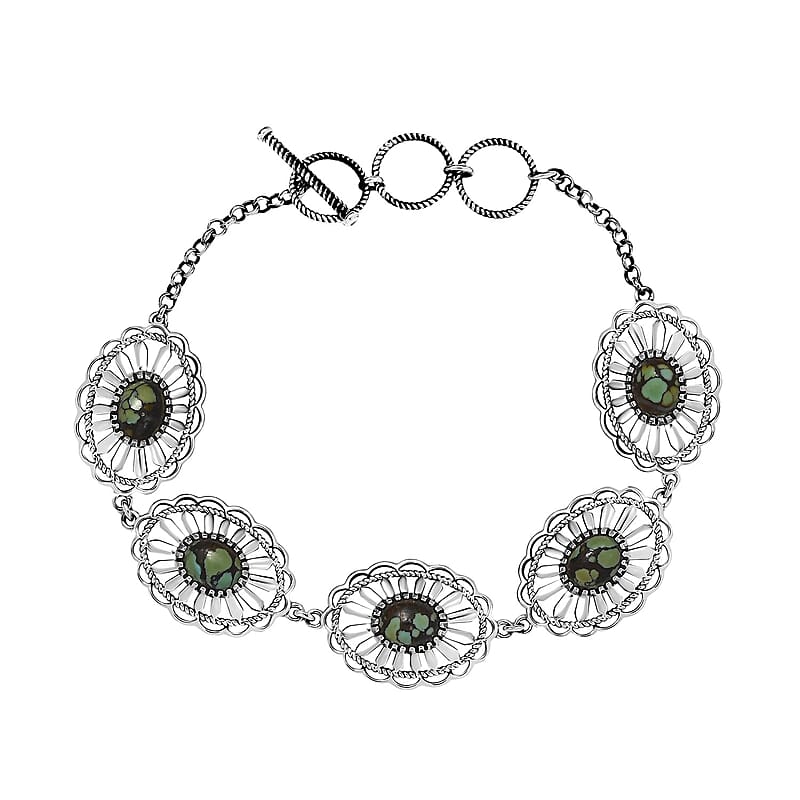 D'Joy Artisan Crafted Whispering Web Turquoise 6.10 ctw Concho Bracelet in Sterling Silver (6.50-8.0In)