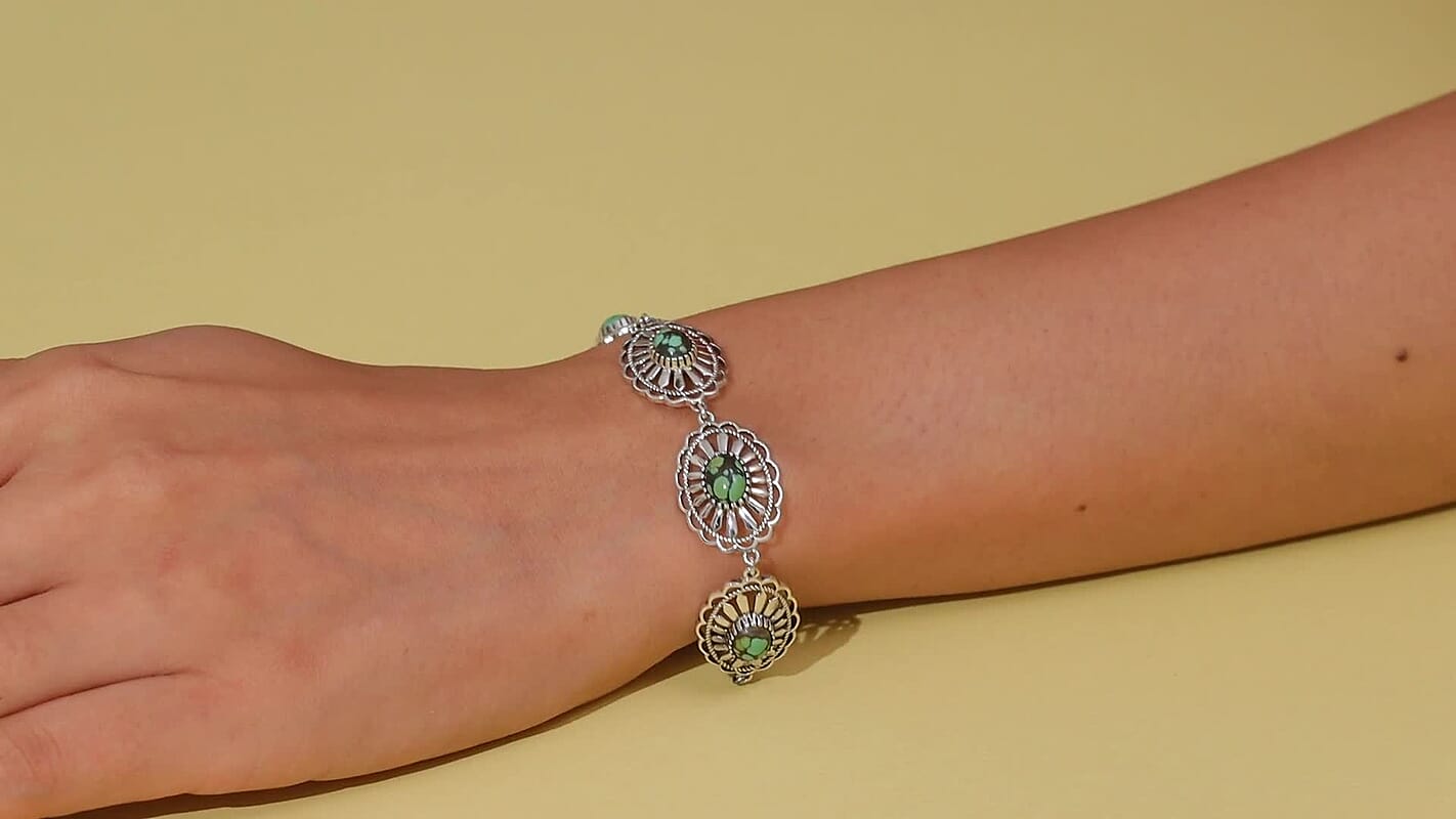 D'Joy Artisan Crafted Whispering Web Turquoise 6.10 ctw Concho Bracelet in Sterling Silver (6.50-8.0In)