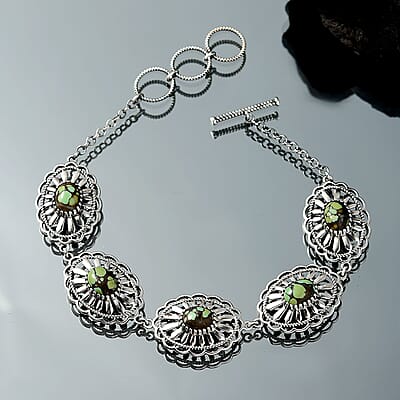 D'Joy Artisan Crafted Whispering Web Turquoise 6.10 ctw Concho Bracelet in Sterling Silver (6.50-8.0In)