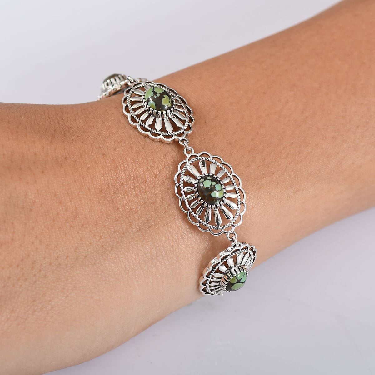 D’Joy Artisan Crafted Whispering Web Turquoise 6.10 ctw Concho Bracelet in Sterling Silver (6.50-8.0In) image number 2