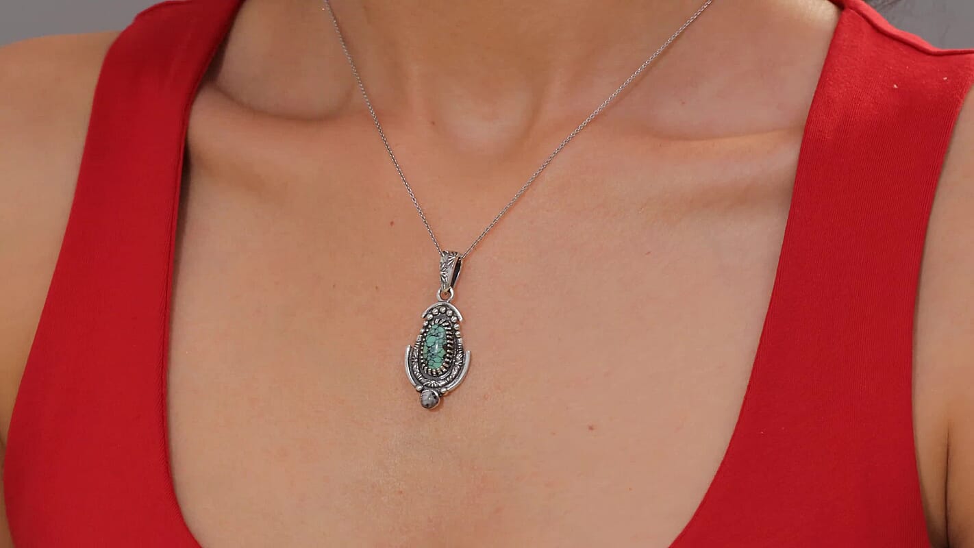 D'Joy Artisan Crafted Whispering Web Turquoise and White Buffalo 3.30 ctw Pendant without Chain in Sterling Silver