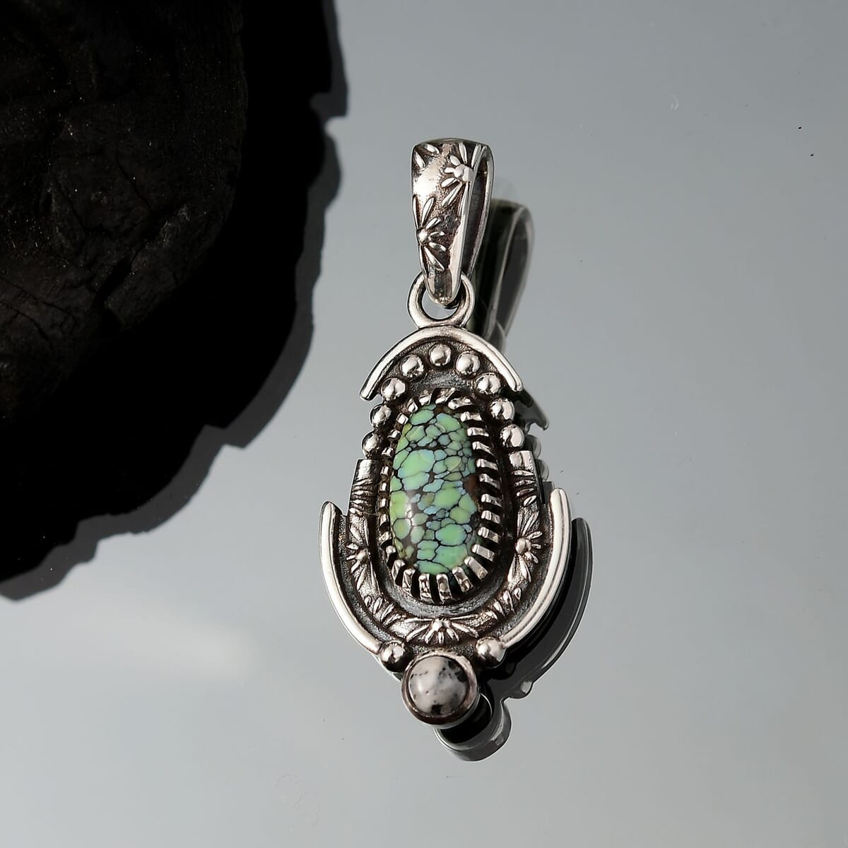 D’Joy Artisan Crafted Whispering Web Turquoise and White Buffalo 3.30 ctw Sacred Mesa Pendant in Sterling Silver image number 1