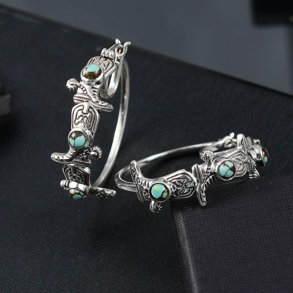 D'Joy Artisan Crafted Whispering Web Turquoise 2.00 ctw Cowgirl Shoes Hoop Earrings in Sterling Silver image number 1