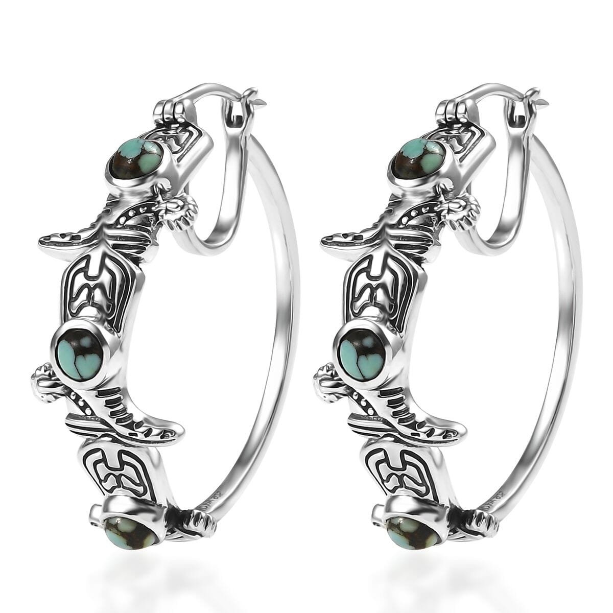 D'Joy Artisan Crafted Whispering Web Turquoise 2.00 ctw Cowgirl Shoes Hoop Earrings in Sterling Silver image number 3