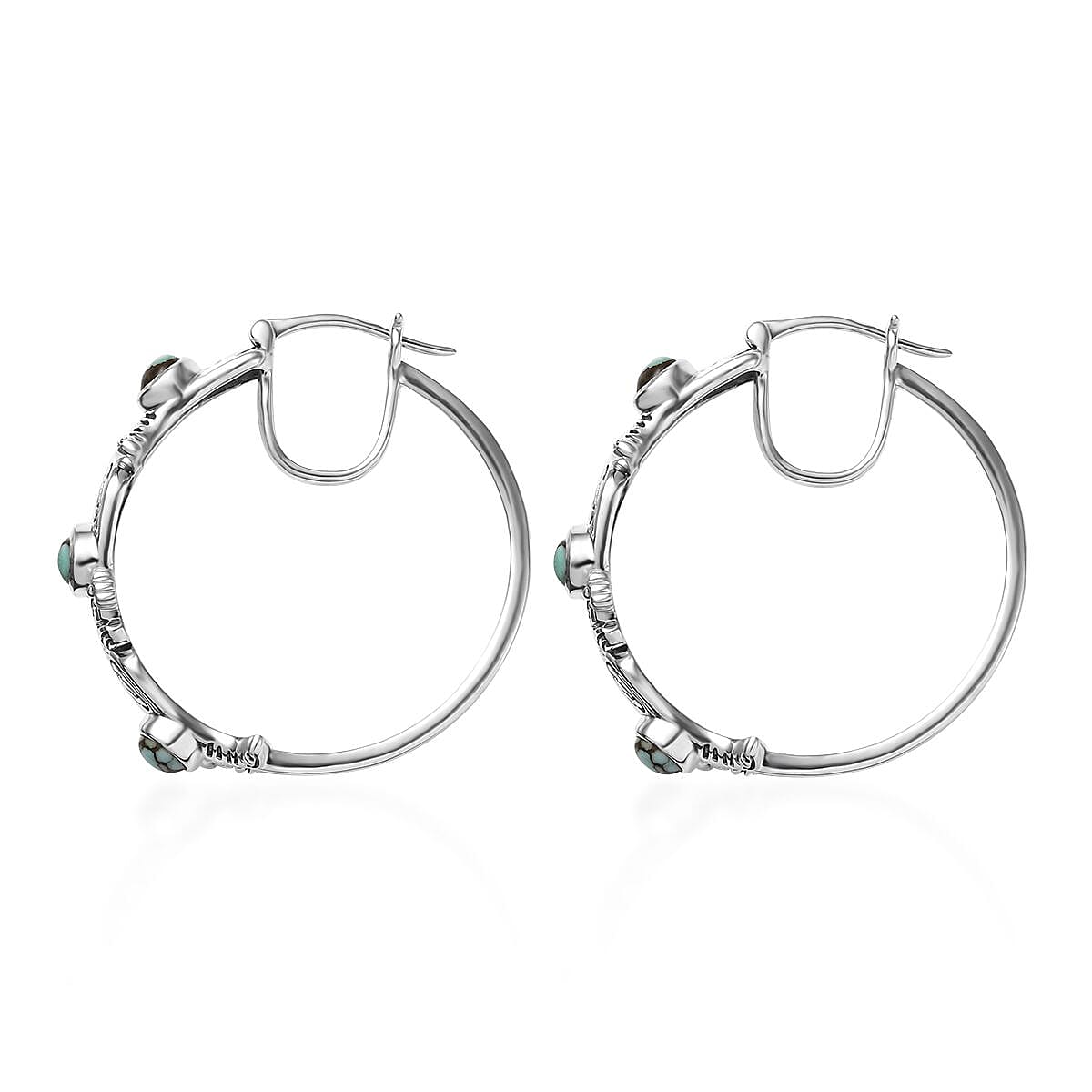 D'Joy Artisan Crafted Whispering Web Turquoise 2.00 ctw Cowgirl Shoes Hoop Earrings in Sterling Silver