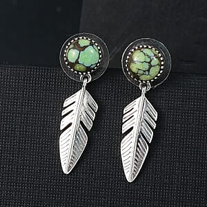 D'Joy Artisan Crafted Whispering Web Turquoise 4.20 ctw Eagle Feather Earrings in Sterling Silver