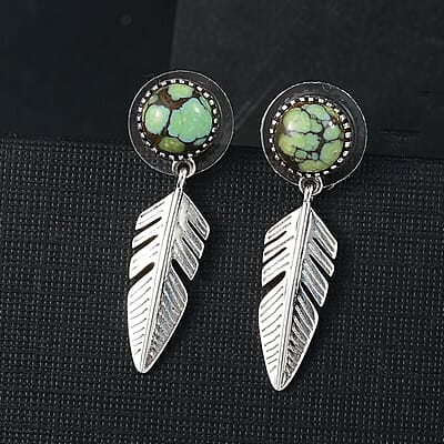 D'Joy Artisan Crafted Whispering Web Turquoise 4.20 ctw Eagle Feather Earrings in Sterling Silver