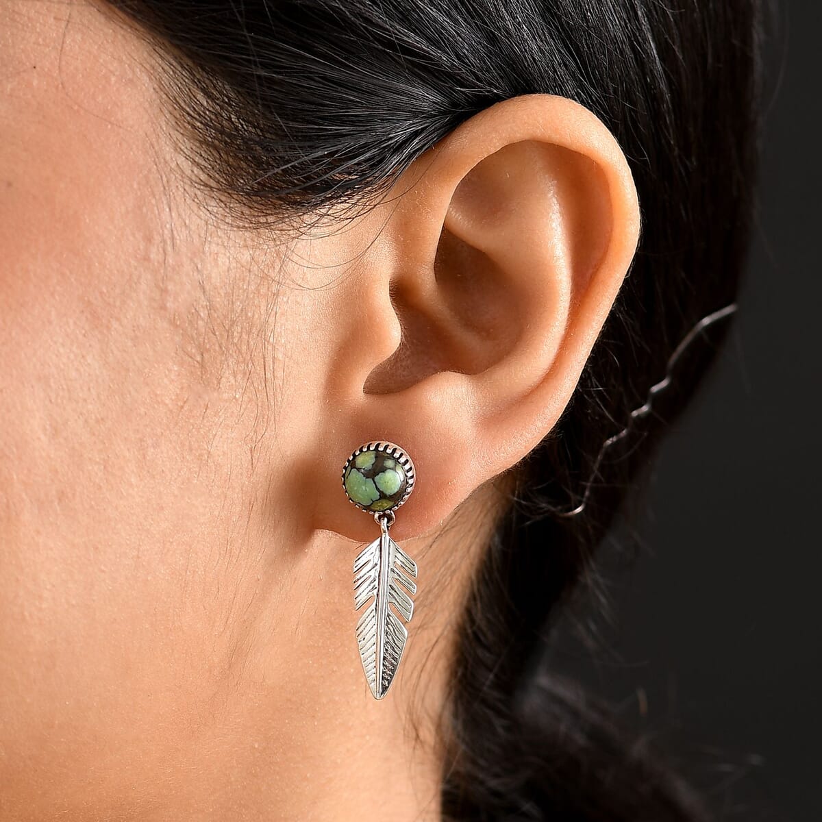 D'Joy Artisan Crafted Whispering Web Turquoise 4.20 ctw Eagle Feather Earrings in Sterling Silver image number 2