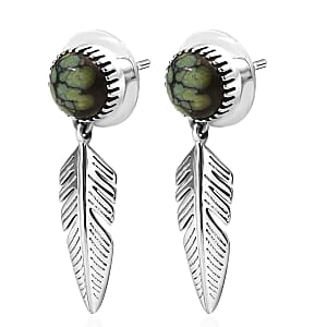D'Joy Artisan Crafted Whispering Web Turquoise 4.20 ctw Eagle Feather Earrings in Sterling Silver