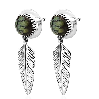 D'Joy Artisan Crafted Whispering Web Turquoise 4.20 ctw Eagle Feather Earrings in Sterling Silver
