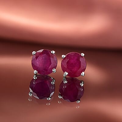 D'Joy Niassa Ruby (FF) 4.10 ctw Solitaire Stud Earrings in Rhodium Over Sterling Silver 