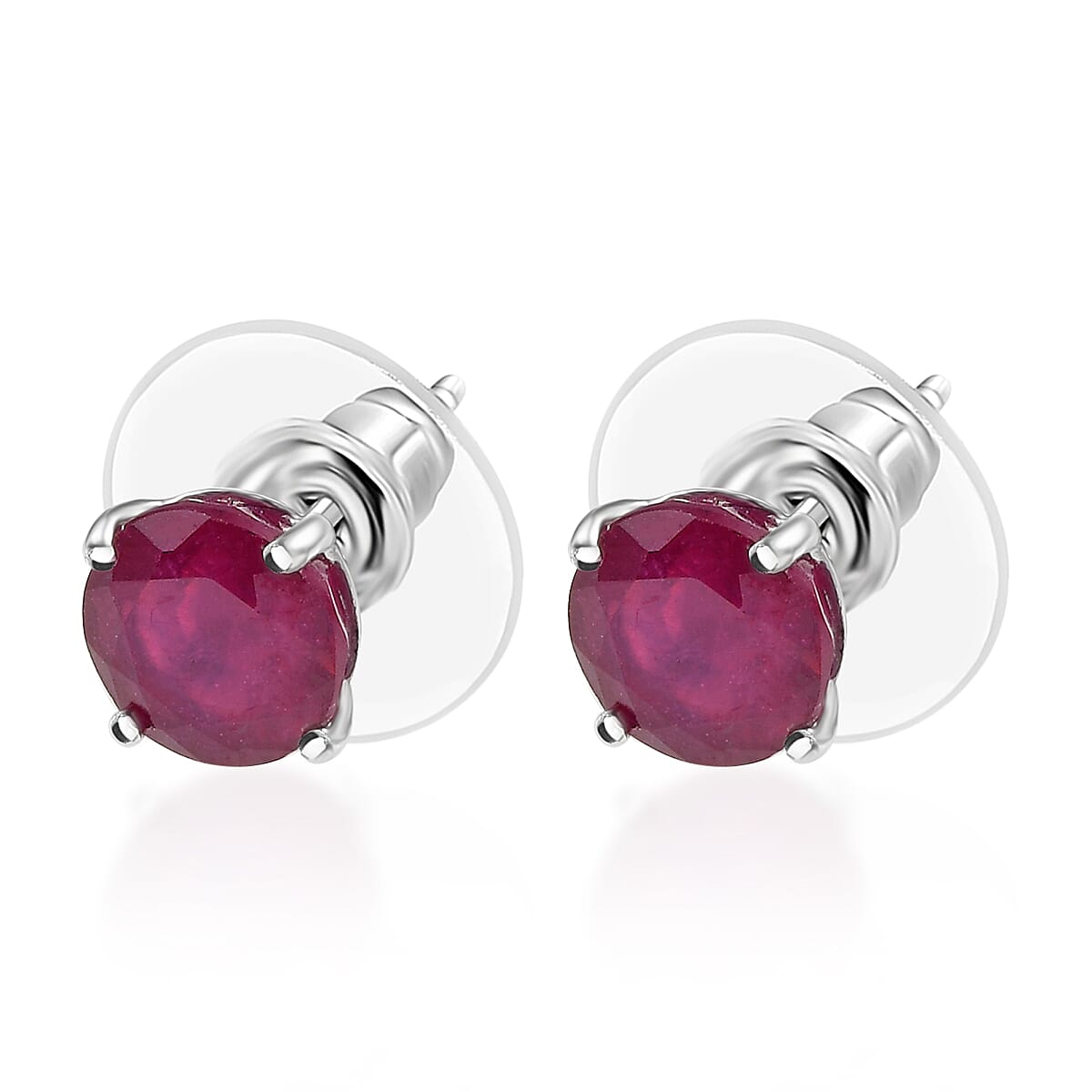 D'Joy Niassa Ruby (FF) 4.10 ctw Solitaire Stud Earrings in Rhodium Over Sterling Silver  image number 3