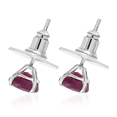 D'Joy Niassa Ruby (FF) 4.10 ctw Solitaire Stud Earrings in Rhodium Over Sterling Silver 