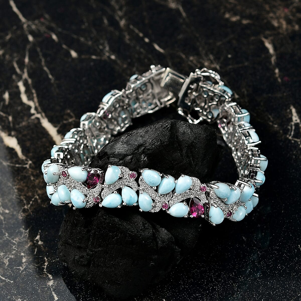 D'Joy Larimar and Multi Gemstone 30.90 ctw Bracelet in Rhodium Over Sterling Silver (7.25 In) image number 1
