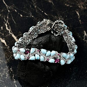 D'Joy Larimar and Multi Gemstone 30.90 ctw Sea Waves Bracelet in Rhodium Over Sterling Silver (7.25 In)