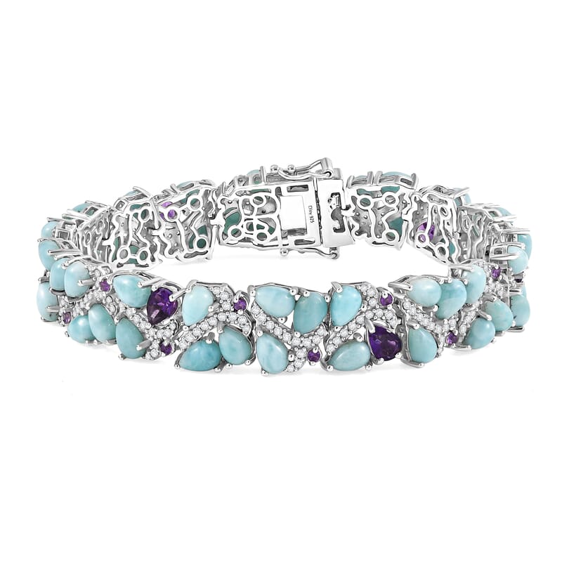 D'Joy Larimar and Multi Gemstone 31.00 ctw Sea Waves Bracelet in Rhodium Over Sterling Silver (7.25 In)