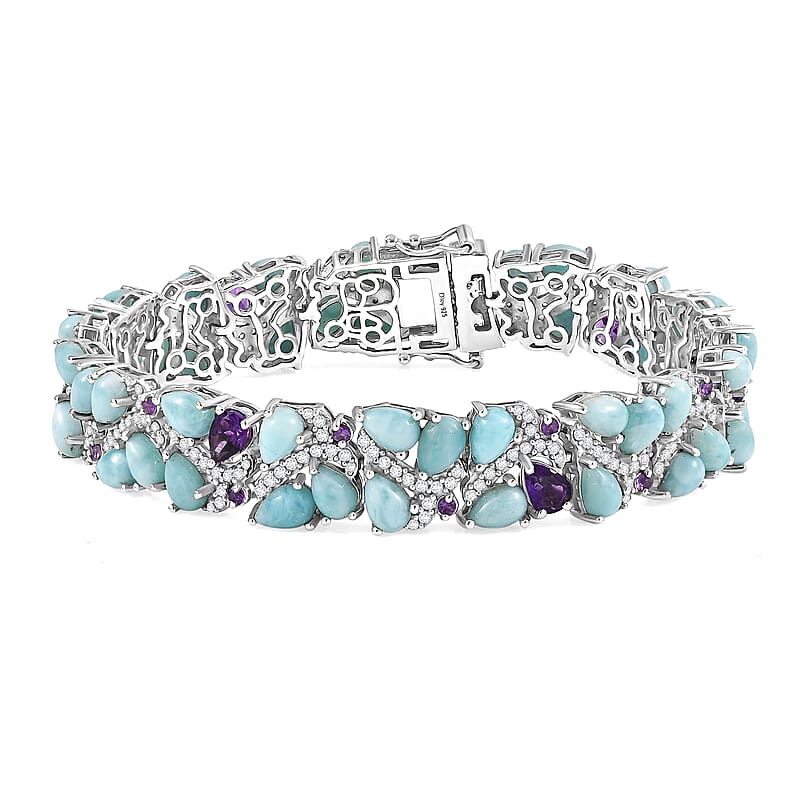 D'Joy Larimar and Multi Gemstone 31.00 ctw Sea Waves Bracelet in Rhodium Over Sterling Silver (7.25 In)