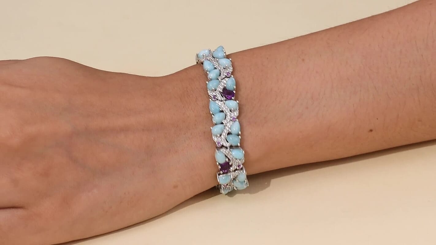 D'Joy Larimar and Multi Gemstone 30.90 ctw Bracelet in Rhodium Over Sterling Silver (7.25 In)