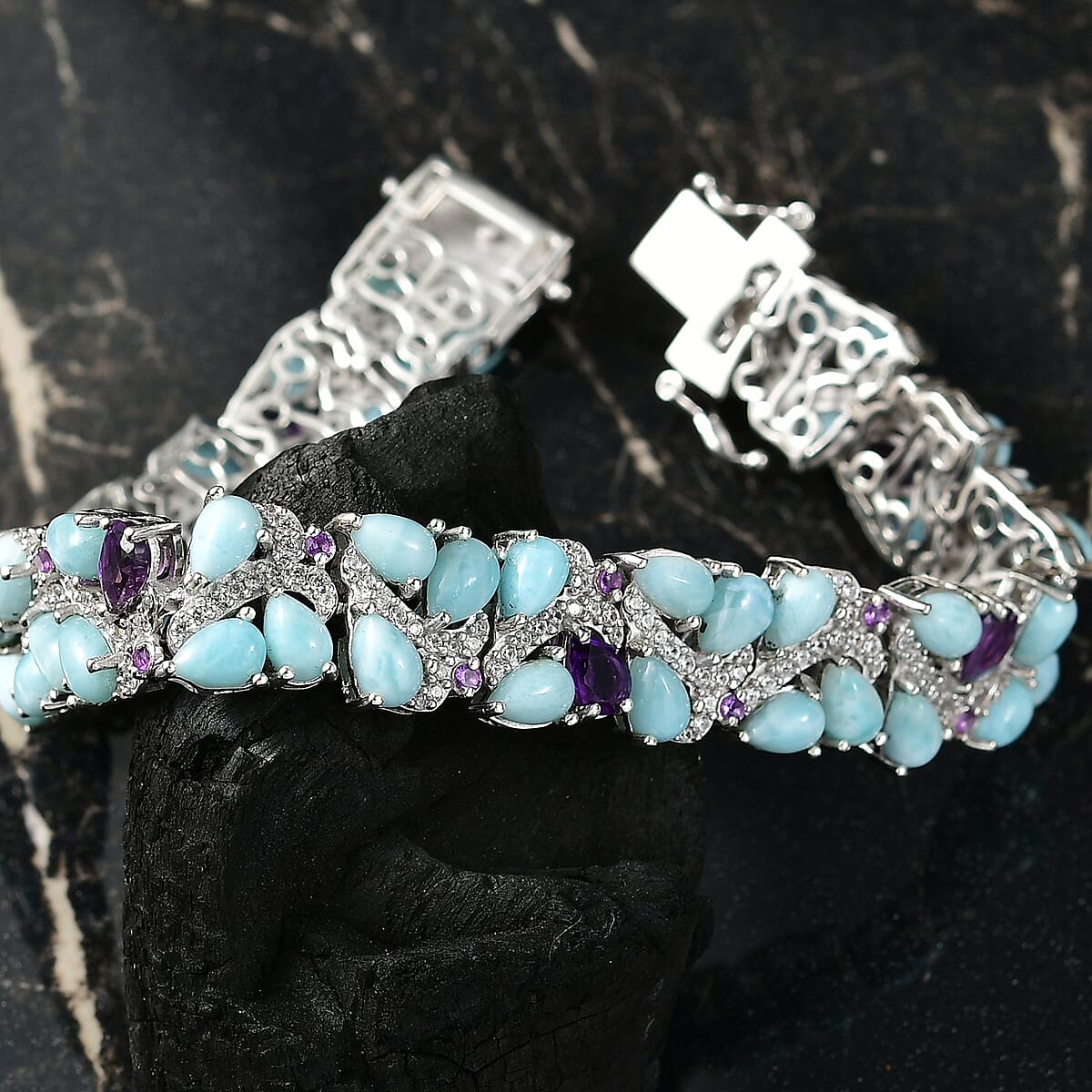 D'Joy Larimar and Multi Gemstone 31.00 ctw Sea Waves Bracelet in Rhodium Over Sterling Silver (7.25 In) image number 1