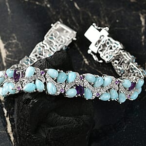 D'Joy Larimar and Multi Gemstone 31.00 ctw Sea Waves Bracelet in Rhodium Over Sterling Silver (7.25 In)