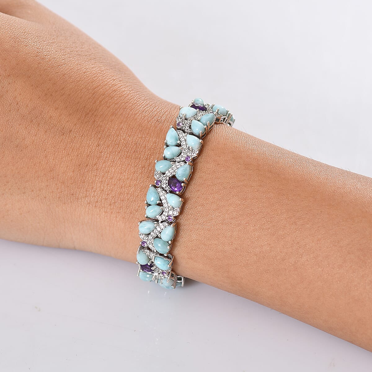 D'Joy Larimar and Multi Gemstone 31.00 ctw Sea Waves Bracelet in Rhodium Over Sterling Silver (7.25 In) image number 2