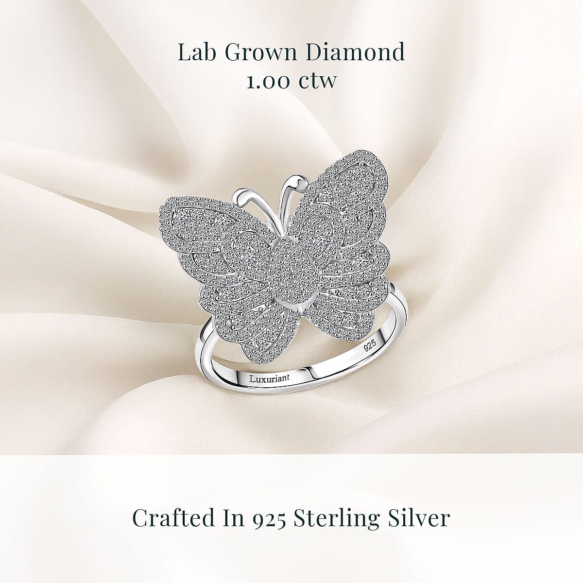 Luxuriant Lab Grown Diamond G-H SI 1.00 ctw Butterfly Ring in Rhodium Over Sterling Silver (Size 7.0)  image number 2
