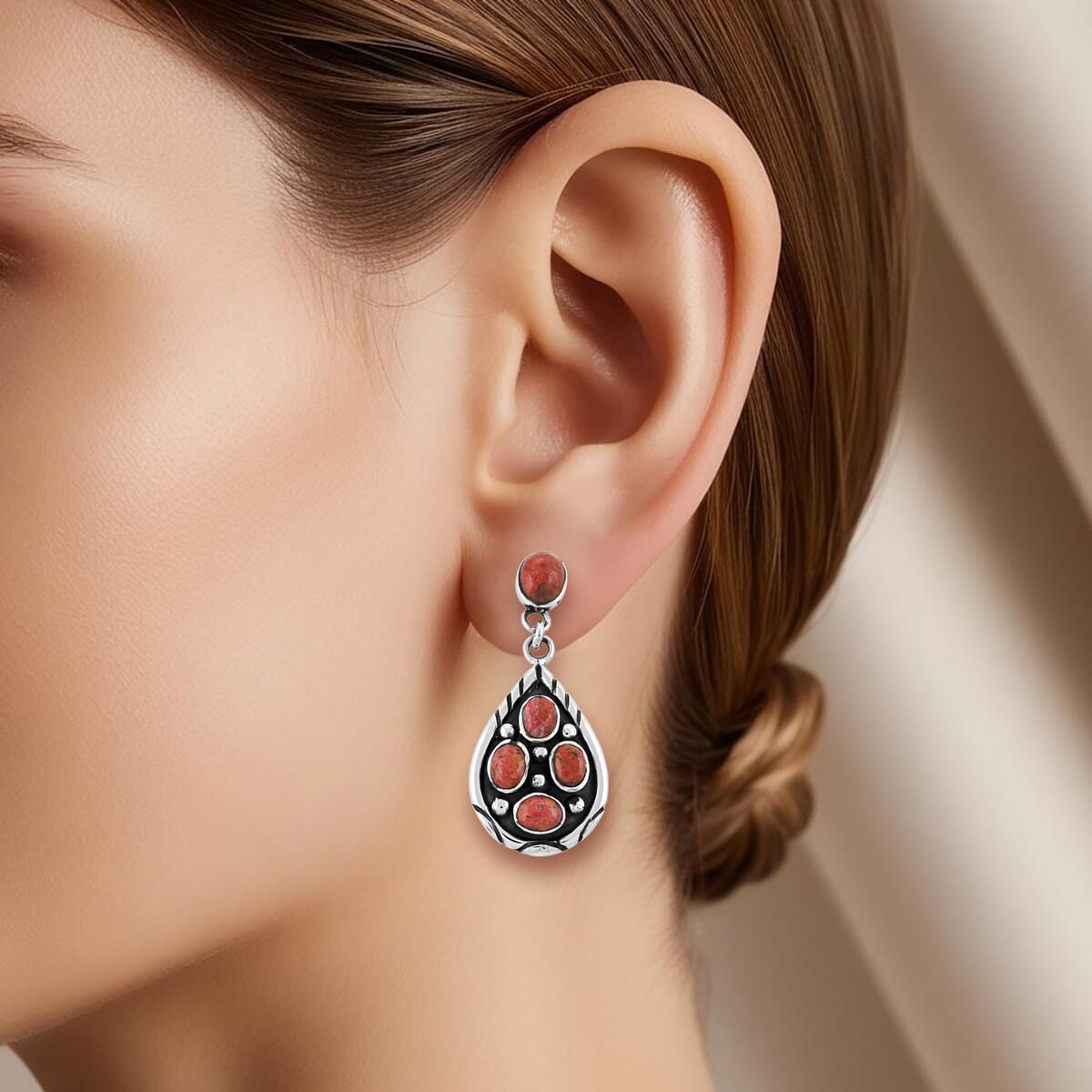 Santa Fe Style Enhanced Red Coral Earrings in Sterling Silver 3.75 ctw image number 2