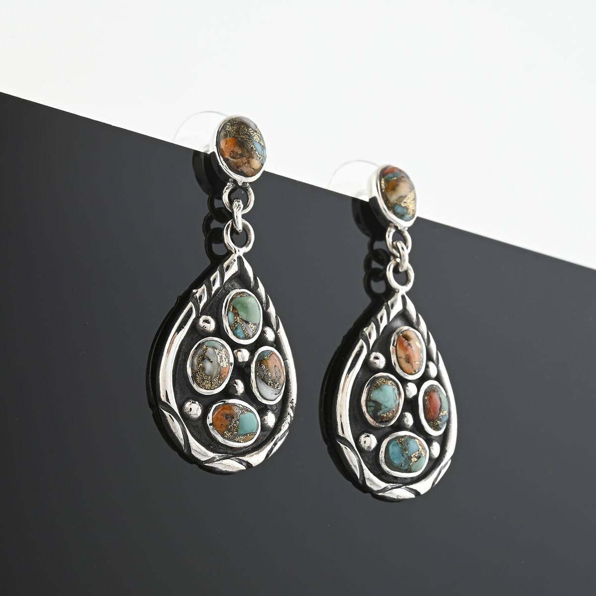 Santa Fe Style Spiny Turquoise Earrings in Sterling Silver 3.75 Carat Total Weight image number 1
