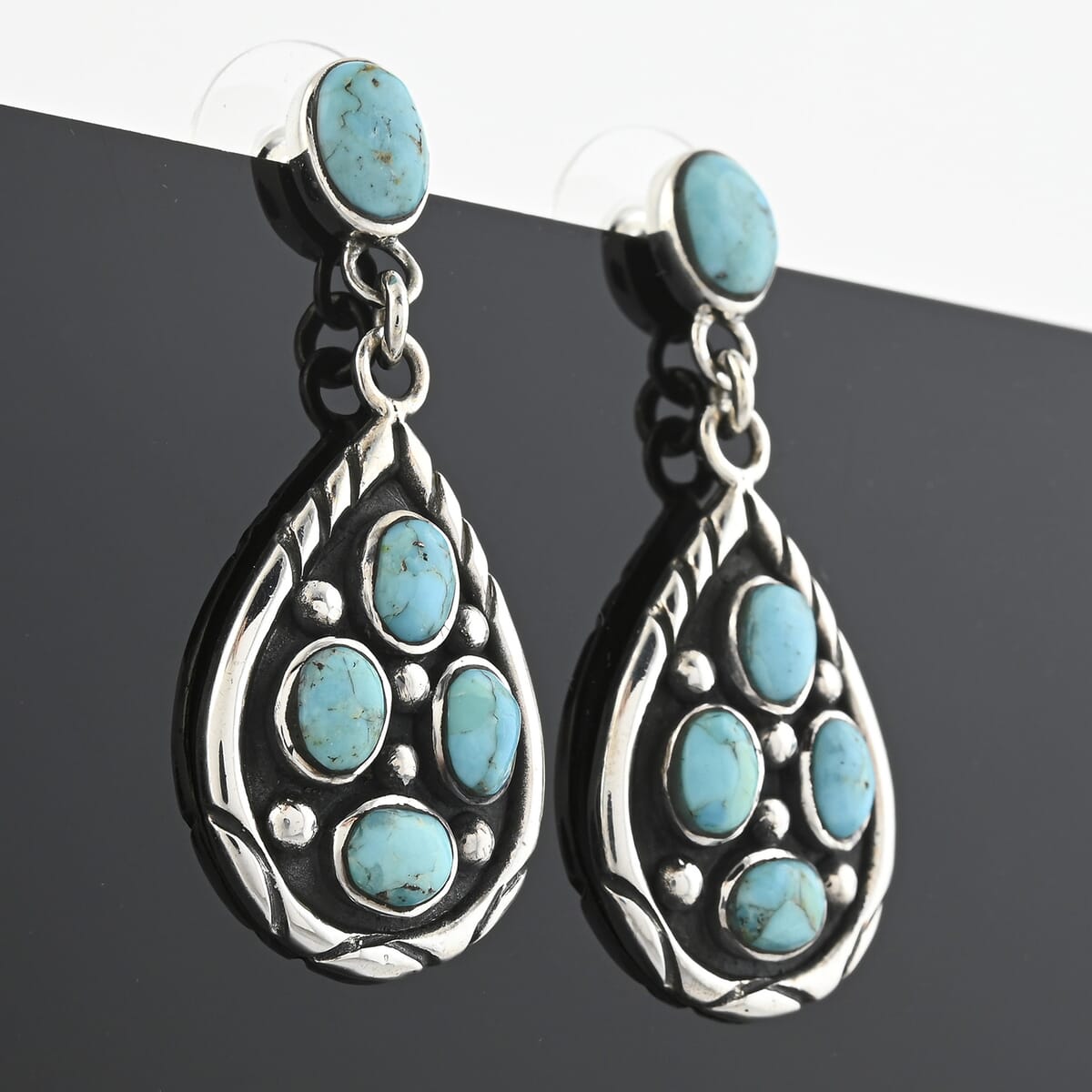 Santa Fe Style Kingman Turquoise Earrings in Sterling Silver 3.75 ctw image number 1