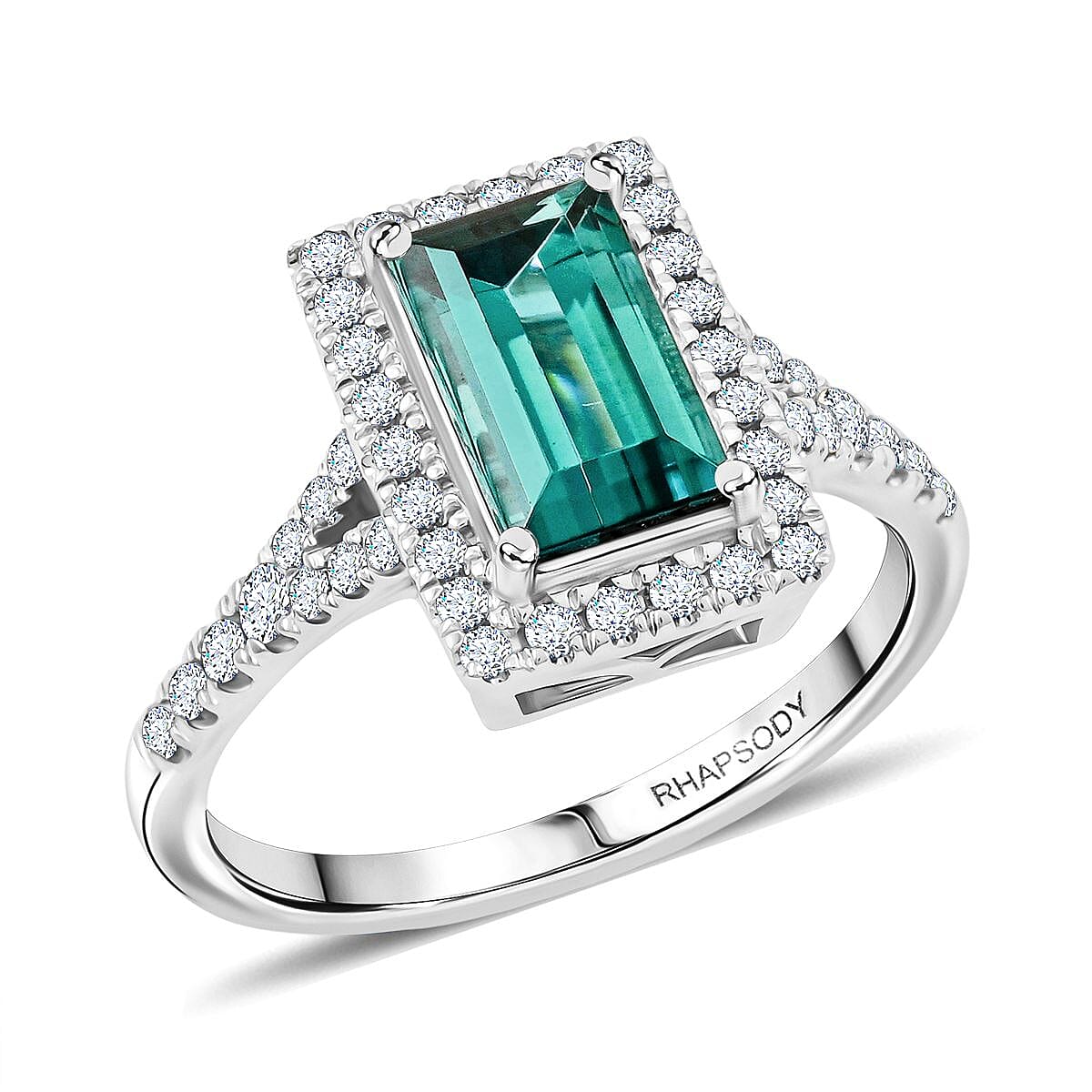 Certified & Appraised Rhapsody AAAA Lagoon Tourmaline and E-F VS Diamond 2.30 ctw Ring in 950 Platinum (Size 10.0) 6.40 Grams image number 0