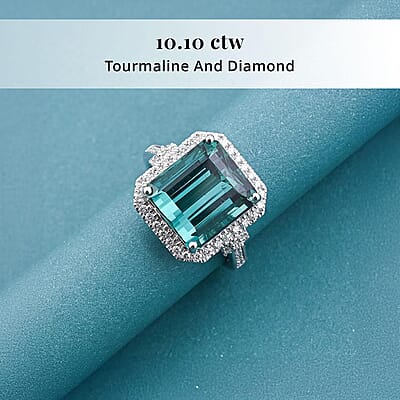 Certified & Appraised Rhapsody AAAA Pirineu Lagoon Tourmaline and Diamond E-F VS 10.10 ctw Ring in 950 Platinum (Size  11.0) 9.25 Grams