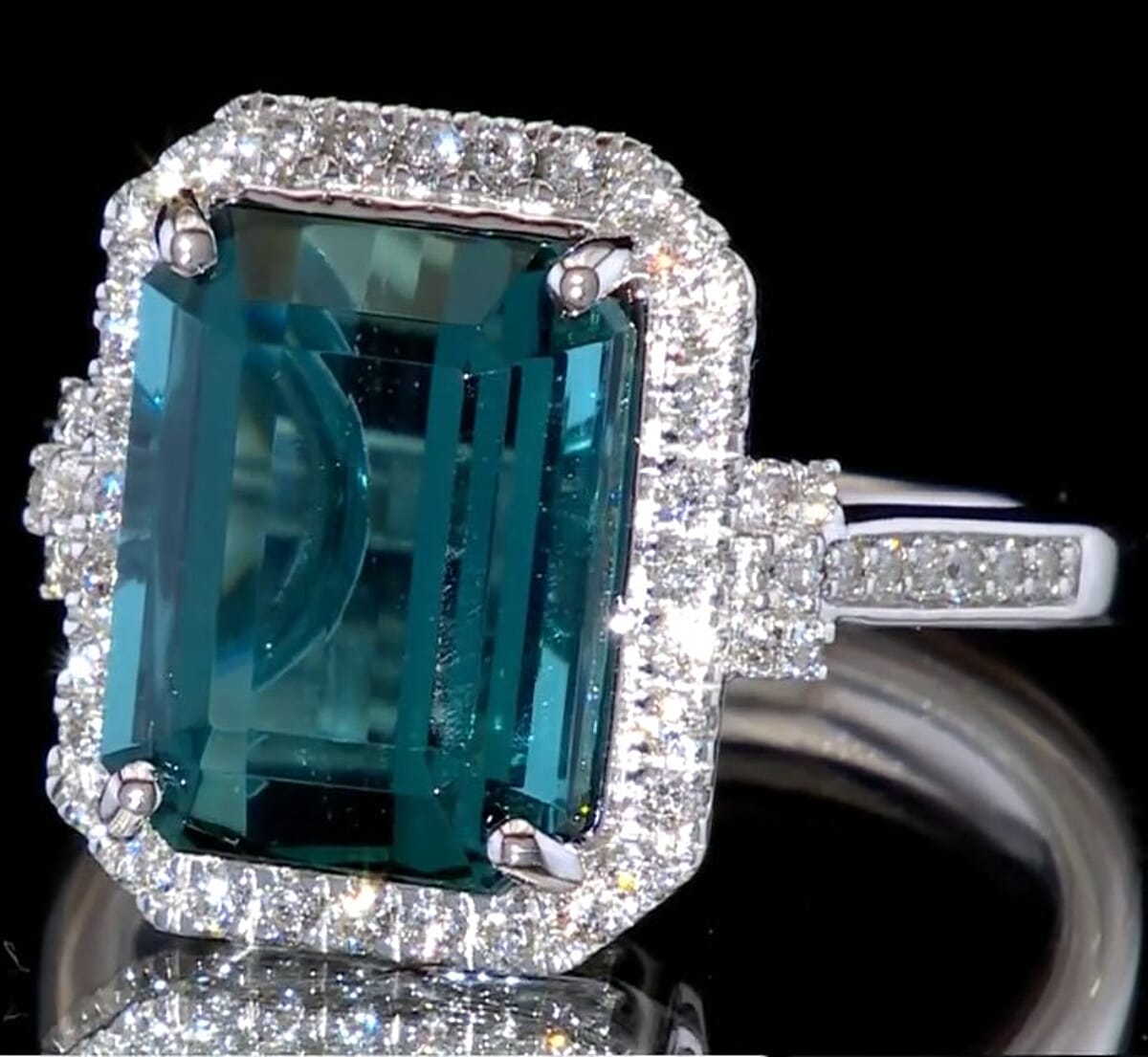 Certified & Appraised Rhapsody AAAA Pirineu Lagoon Tourmaline and E-F VS Diamond 10.10 ctw Ring in 950 Platinum (Size 7.0) 9.25 Grams image number 2