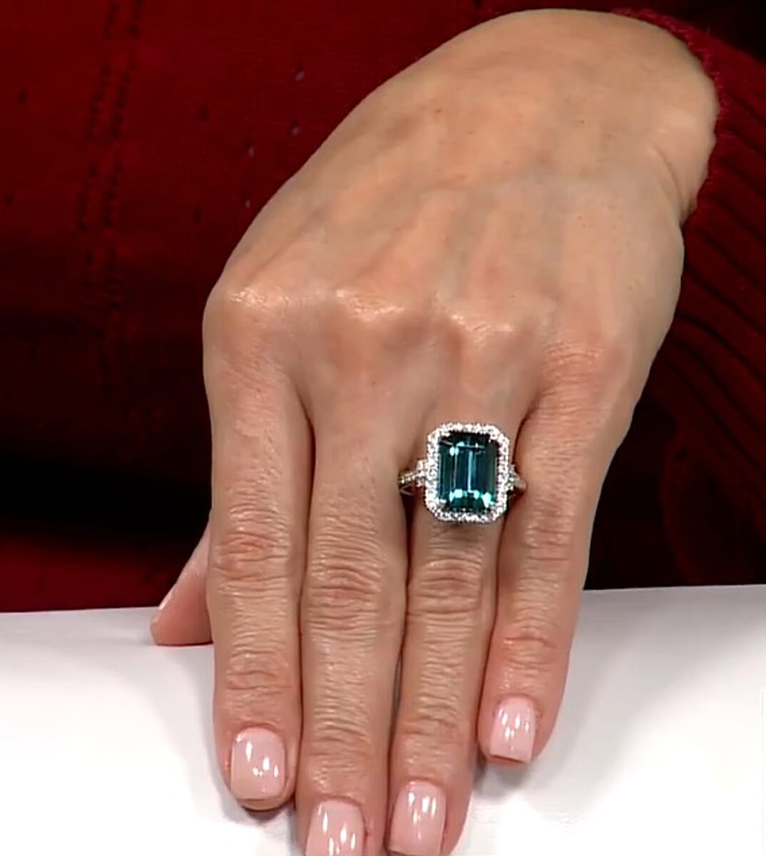 Certified & Appraised Rhapsody AAAA Pirineu Lagoon Tourmaline and E-F VS Diamond 10.10 ctw Ring in 950 Platinum (Size 8.0) 9.25 Grams image number 4