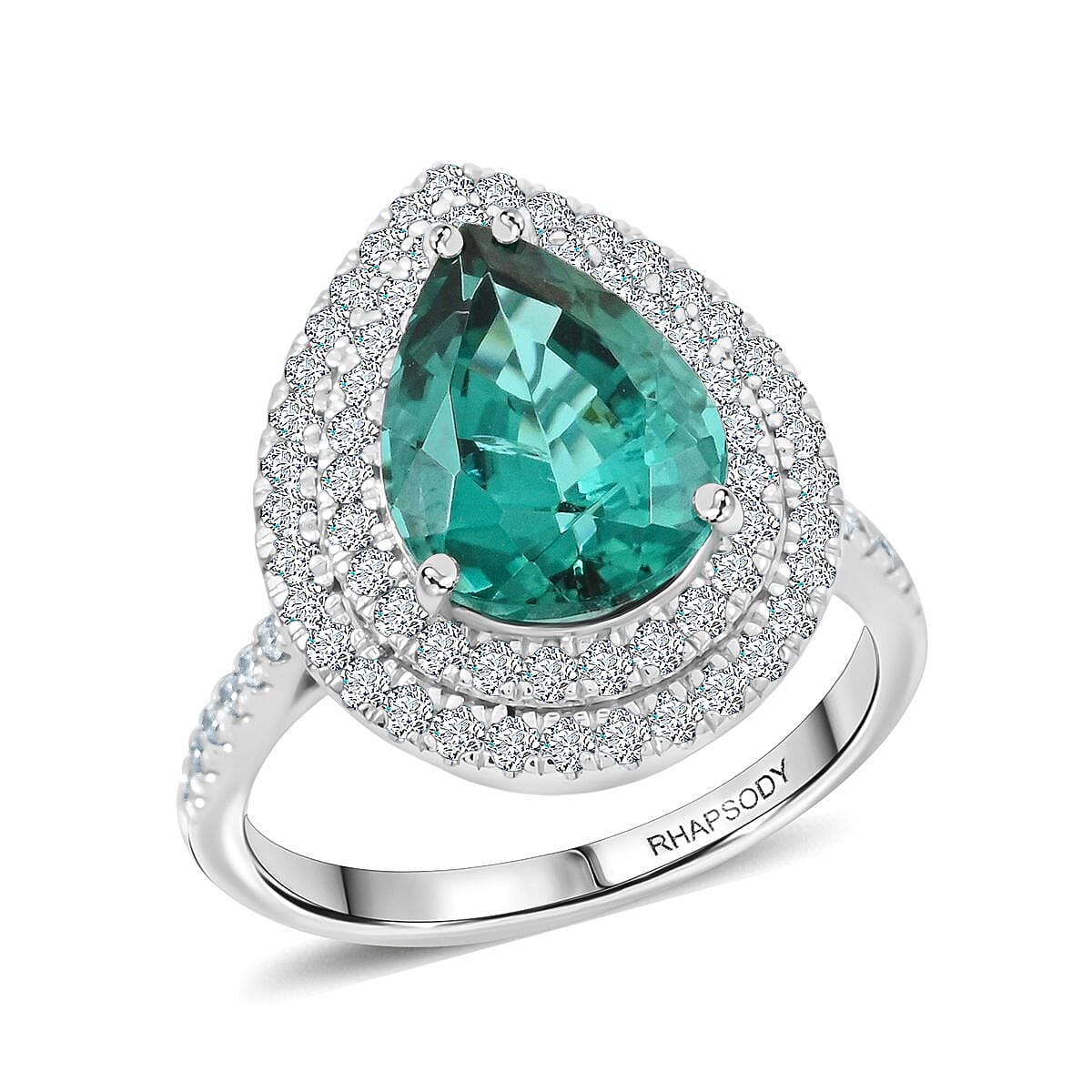 Certified & Appraised Rhapsody AAAA Pirineu Lagoon Tourmaline and E-F VS Diamond 4.35 ctw Ring in 950 Platinum (Size 7.0) 7.60 Grams image number 0
