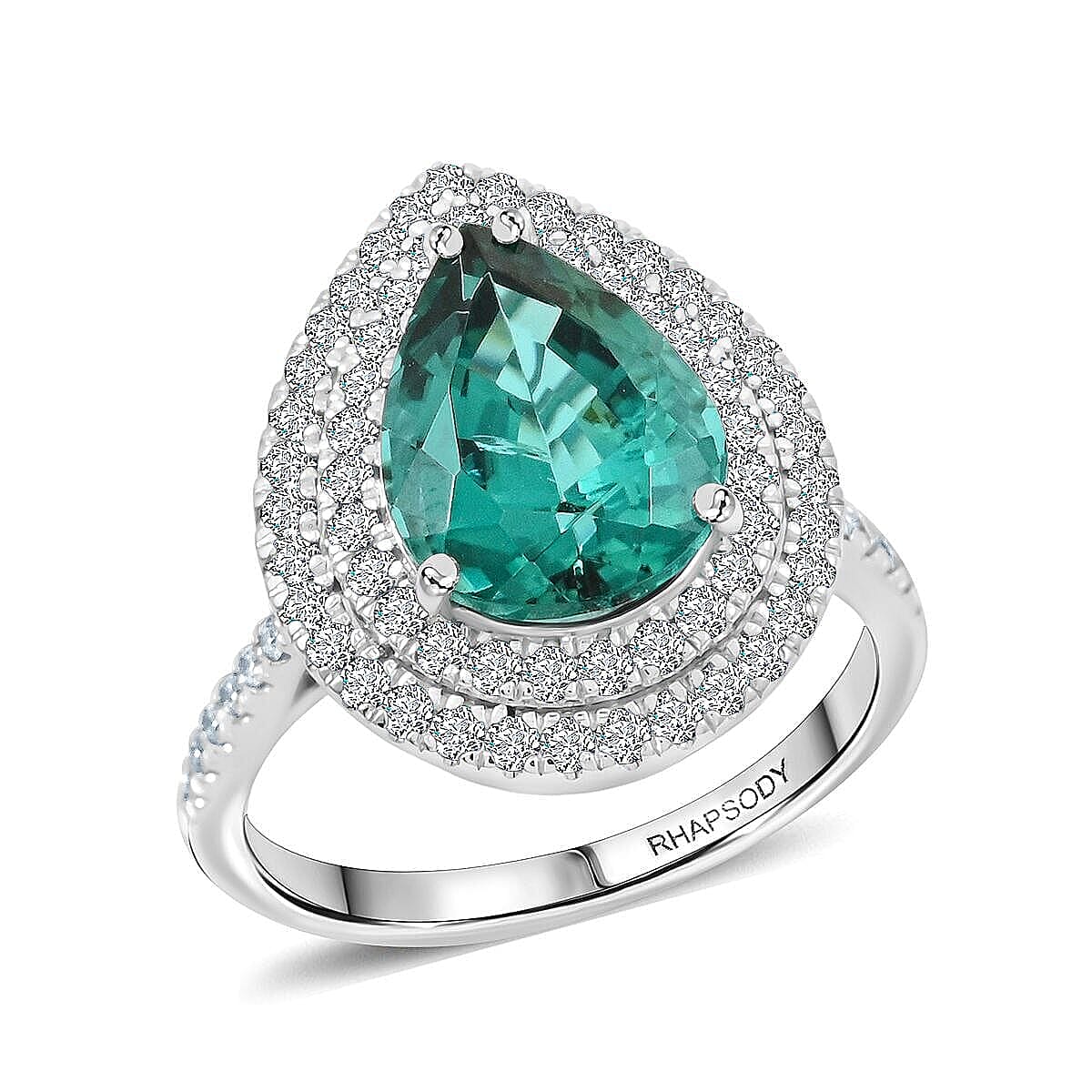 Certified and Appraised Rhapsody AAAA Pirineu Lagoon  Tourmaline, Diamond Ring in 950 Platinum 4.35 ctw (Size 7.5)