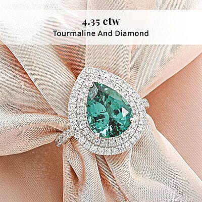 Certified and Appraised Rhapsody AAAA Pirineu Lagoon  Tourmaline, Diamond Ring in 950 Platinum 4.35 ctw (Size 7.5)