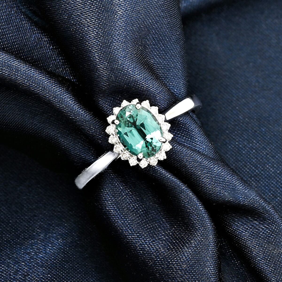 Certified & Appraised Rhapsody AAAA Lagoon Tourmaline and E-F VS Diamond 1.25 ctw Ring in 950 Platinum (Size 6.0) 5.16 Grams image number 1