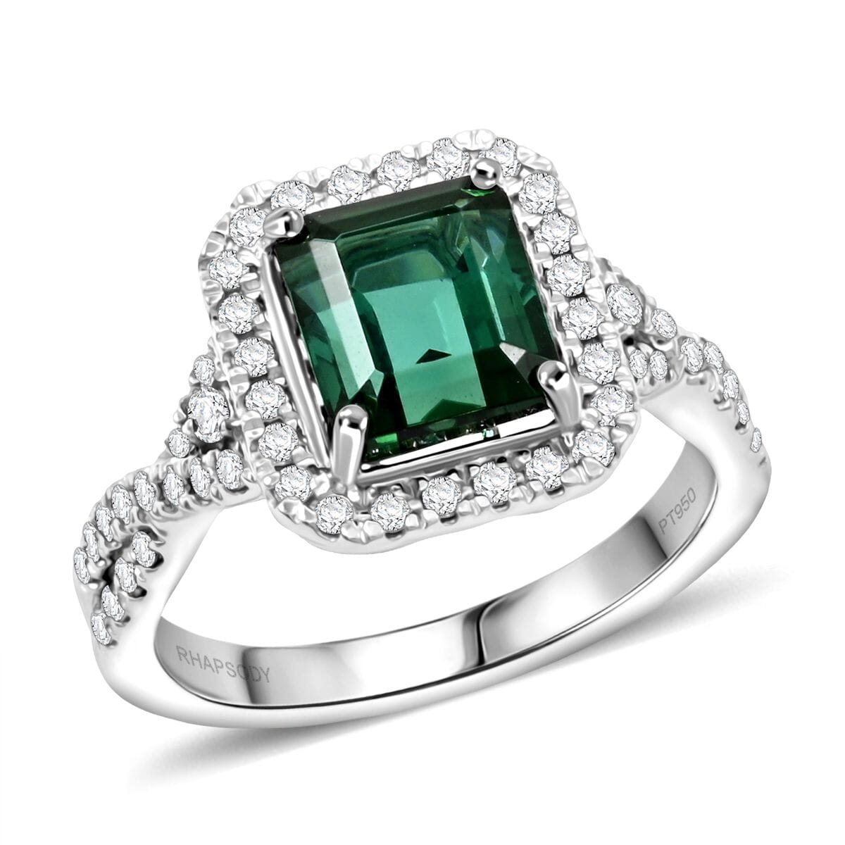 Certified & Appraised Rhapsody AAAA Lagoon Tourmaline and E-F VS Diamond 2.00 ctw Ring in 950 Platinum (Size 7.0) 5.64 Grams image number 0